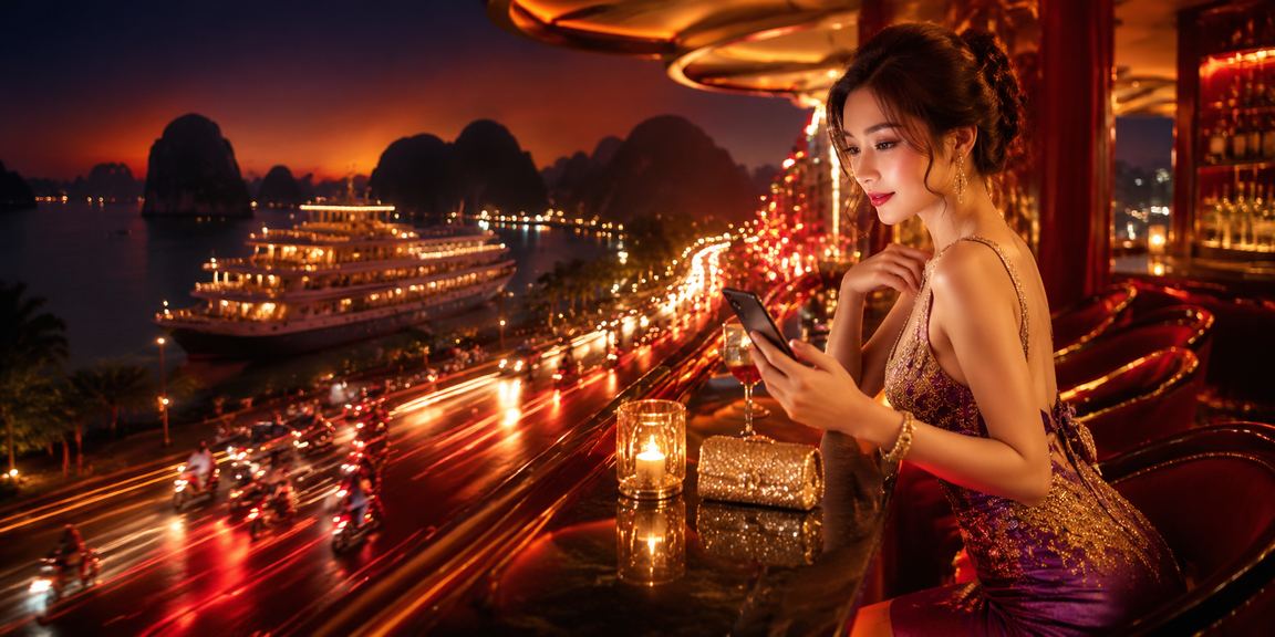 Ánh đèn neon VIP bonus trên nền cảnh vịnh Hạ Long